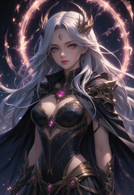 score_9, score_8_up, score_7_up, score_6_up, dynamic, (anime, masterpiece), best quality, (8k), detailed background, sharp focus, intricate, ambient lighting, super high quality, hyper detailed background, cinematic lighting, adult, double tone long hair, medium breasts, verybadimagenegative_v1.3, Nightmare Empress, Dreamweaver Cloak, Eyes of the Abyss, Thorned Eclipses