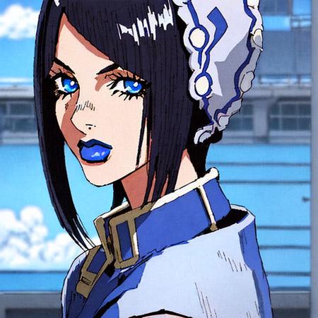 StoneOcean, 1girl, blue eyes, black hair, solo, blue lipstick, middle length hair,