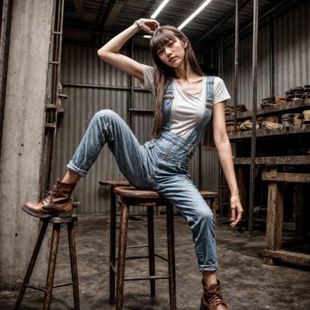 Taiwanese tall slender cute girl (sitting on stool:1.1) at in factory,ghetto,(short sleeve t_shirt,overalls:1.1), (very long hair,bangs:1.1),eyelashes,(slim, skinny:1.1),earring,long legs,hesitate,disdain.leather Work Boots,(very strong,muscular),(spread legs,closw eyes,from below,close up:1.2)
RAW photo, 8k uhd, dslr, soft lighting, high quality, Fujifilm XT3 <lora:add_detail:1.8>,<lora:taiwanDollLikeness_v20:0.2> <lora:Thinlegs:0.2>,
   <lora:Kikivhyce:0.2> <lora:very_long_hair:0.1>