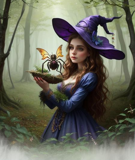 witch, super cute spider with big bright eyes, digital painting, dreamlike, intricate details, sharp focus, trending on artstation, magical fairies in a dreamlike forest, <lora:4x_RealisticRescaler_100000_G:1> <lora:mergeV6:1>