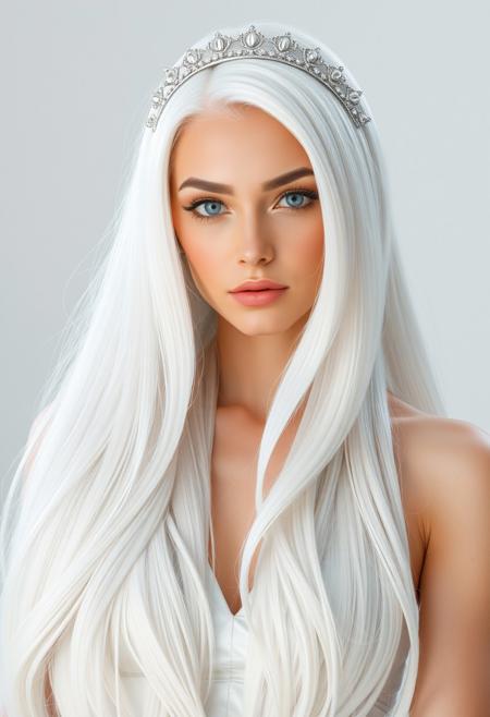 Beautiful women's futuristic white hairstyle. This hairstyle is extremely long and flowing with a specific futuristic flair. The hair is pure white, with silver futuristic sleek tiara. The hair is high class and fancy, but tasteful, and is from the far future.