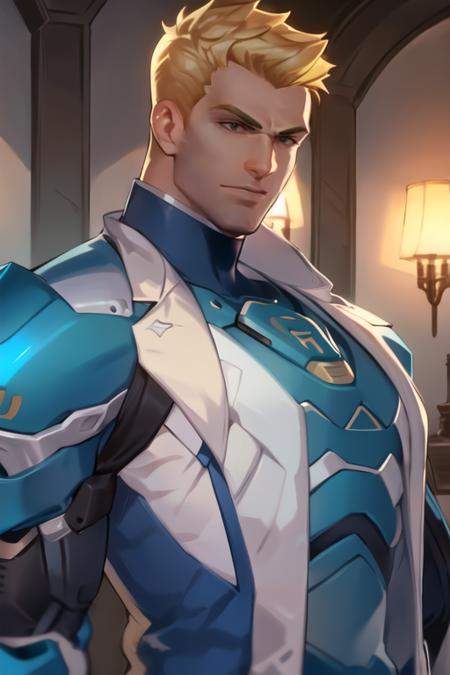 jackmorrison, blonde hair, blue eyes, upper body, uniform, indoors, dim light, <lora:soldier76:0.9>