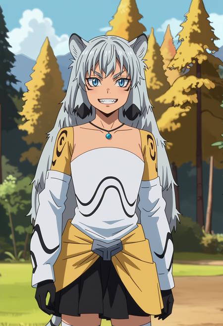 SuphiaTS long hair, two-tone hair, grey hair, black hair, blue eyes, tiger ears, tiger tail strapless shirt, white shirt, pendant, detached sleeves, black gloves, yellow sash, pleated skirt, black skirt, white thighhighs