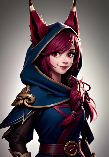 sfw, <lora:xayah:0.8>, xayah, hood, 1girl, solo, smile,, (masterpiece, best quality, absurdres, detailed, ultra-detailed:1.3), beautiful