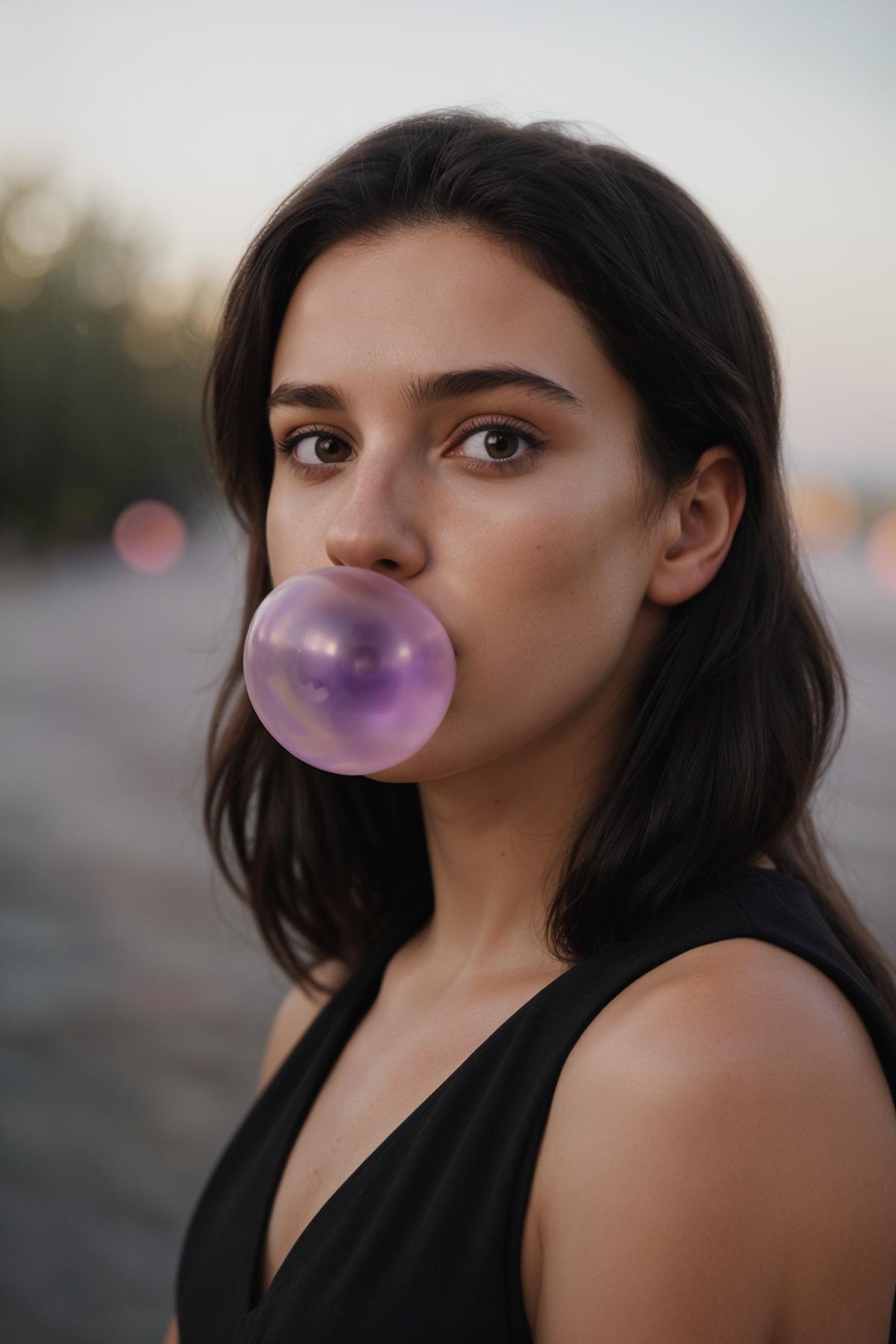 A woman wearing a black shirt and blowing a bubble of gum.
