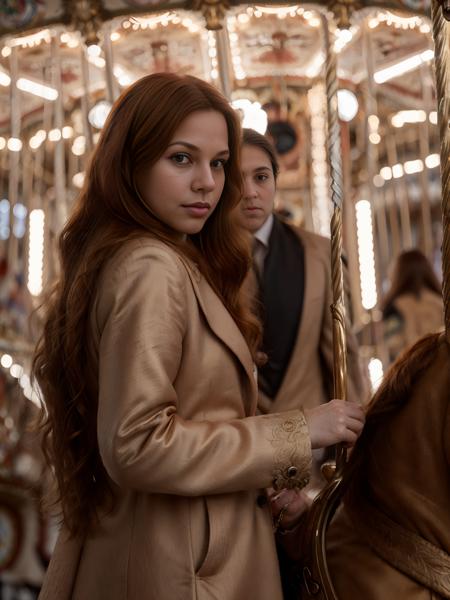 gritty raw street photography, 21 year old woman, (Chestnut hair, long one side up), Cape Blazer, Sherwani, looking at the viewer,  at streets of ((Magical Carousel in a Fairy Tale Park)), (hyperrealism:1.2), (8K UHD:1.2),  Hasselblad X1D II, fill lighting, <lora:detailed skin_:1>