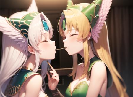 <lora:pockySide1-000006:1>, 2girls, <lora:riesz1-000014:1>, def1, closed eyes, upper body, view from side, indoors, simple background, sharing food, pocky, pocky kiss,