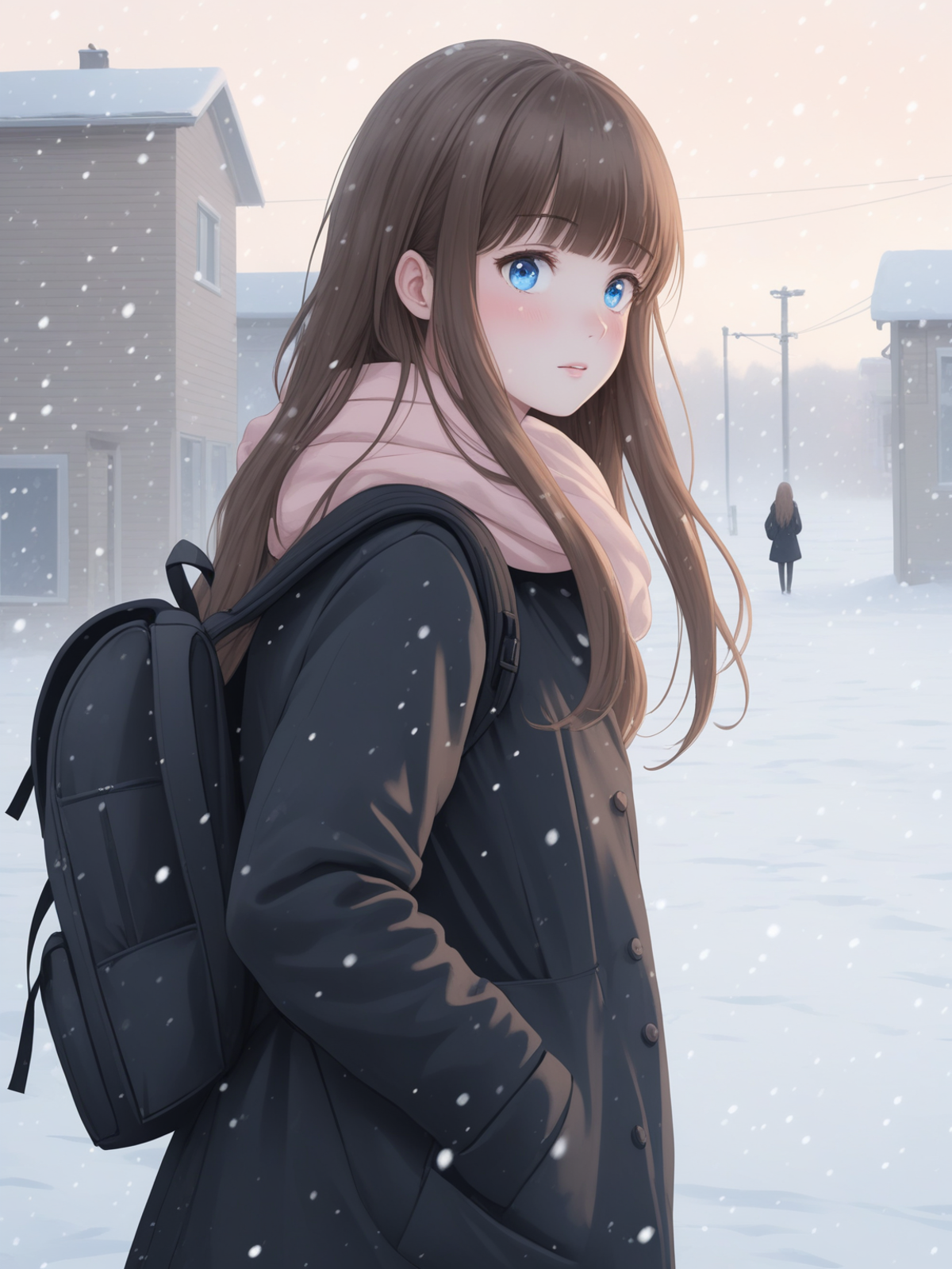 Dark-haired girl in a black coat with a pink scarf and a backpack walking in the snow.