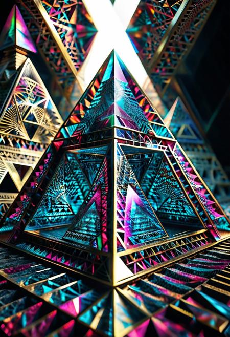 pyramid made out of fractangles, realistic, photorealistic, high resolution, sharp focus, detailed texture, natural lighting, realistic shadows, depth of field,  fractangles, geometric pattern, angular shapes, unique structure, symmetry, surreal realism, creative composition, abstract background,