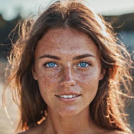 realistic portrait photo of a beautiful woman with brown hair, australian, sun tanned, light freckles, blue eyes, no makeup, instagram