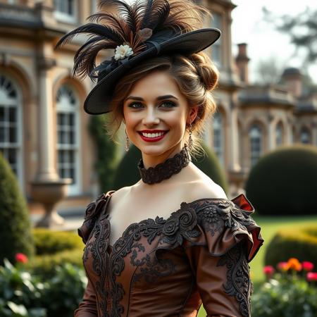 realistic photo, beautiful lighting, fine skin detail, beautiful english woman, updo hair, hat with feathers, wearing shiny satin ornate victorian hoop dress, in formal garden of mansion, smiling, happy, hoopdress