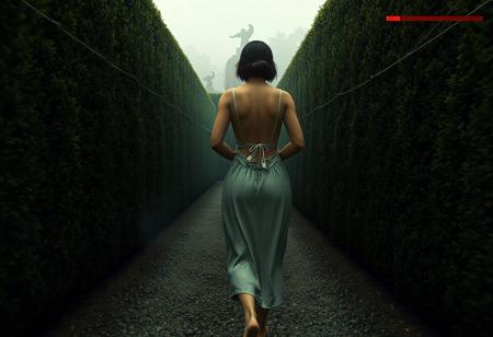 masterpiece portrait of woman walking through a hedge maze::1.4, video game concept art style::1.2, semi-realistic 3D render art::1.1,
(physical description: pudgy build, not skinny or obese, sturdy posture, mature proportions, hands clasped behind back:1.1),
(facial features, expression: not visible, back-facing view:1.0),
(clothing details: , nightgown  barefoto:1.0),
(accessories: none visible from rear view:0.9),
(background setting: dense, tall hedge maze with narrow gravel paths and trimmed walls of greenery, ambient mist and distant garden statues:0.9),
(lighting style: overcast natural daylight with diffused shadows and a muted, mysterious ambiance:0.8),
(composition and camera framing: third-person video game view from slightly behind and above, full body shot, centered in frame:1.0),
(emotional tone or theme: immersive, exploratory, quiet suspense:0.9),
(technical execution: includes a video game-style HUD with red health bar in the top right corner and a minimap with icons in the lower left:0.8)