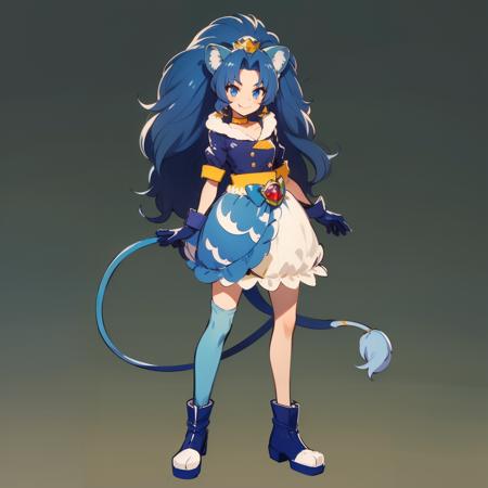 photorealistic, best quality, masterpiece, absurdres, extremely detailed, depth of field, <lora:CureGelato_v01:0.7:MIDD>, CureGelato, 1girl, 14yo, full body, lion ear, lion tail, blue long hair, wavy hair, fang, smile, skirt, shirt, blue single thighhigh, gloves, jewelry, jacket, choker, crown, standing, simple background,