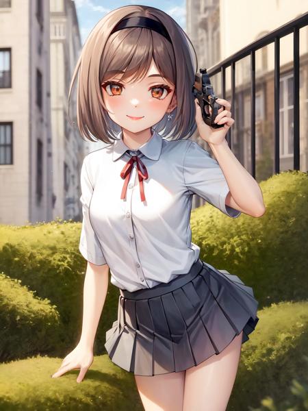 masterpiece, best quality, 1girl, solo, <lora:henp-4:1>,hair_band, short_hair, skirt,shirt,ribbon,smile_face,handgun,