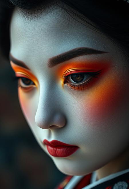 intense close up shot, african geisha, in the style of textured photography, dark gray and bronze, naoto hattori, jeremy lipking, dark sky-blue and orange