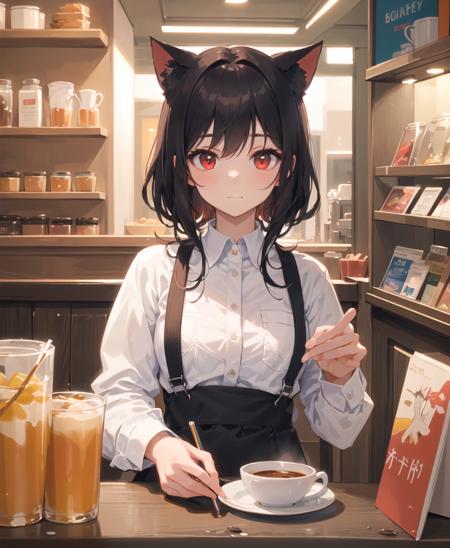 (masterpiece), (best quality), (intricate_details:1.1), (finely detailed:1.4), (distinct_image:1.2), (cafe background), solo girl, cute, (face focus), shiny red eyes/black hair, cat ears, vine, smooth lighting, shirt,