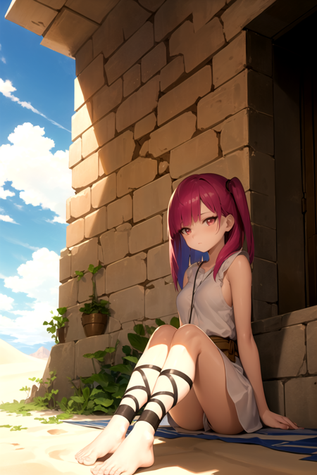 masterpiece, best quality, morgiana, 1girl, red hair, one side up, red eyes,  sitting, ankle lace-up, barefoot, sky, solo, sky, sunshine, cloud,  outdoors, desert ruins background, dune, sand  <lora:Morgiana:1>