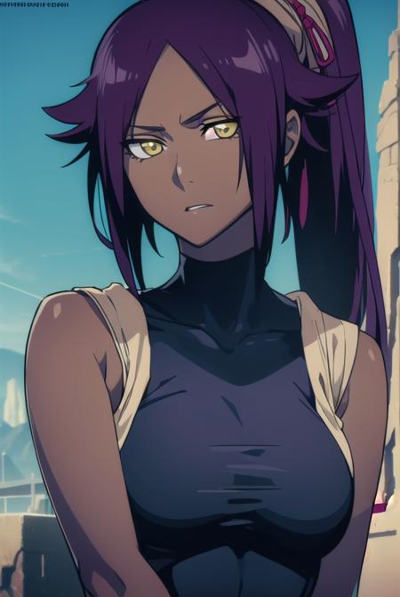 yoruichishihouin, <lora:yoruichishihouinv2-lora-nochekaiser:1>,
yoruichi shihouin, long hair, (yellow eyes:1.5), ponytail, purple hair, dark skin, dark-skinned female,
BREAK bodysuit, black bodysuit, bare arms, bare shoulders, sideboob,
BREAK outdoors,
BREAK looking at viewer, (cowboy shot:1.5),
BREAK <lyco:GoodHands-beta2:1>, (masterpiece:1.2), best quality, high resolution, unity 8k wallpaper, (illustration:0.8), (beautiful detailed eyes:1.6), extremely detailed face, perfect lighting, extremely detailed CG, (perfect hands, perfect anatomy),