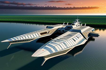 a spaceship that has landed in the waters of a lagoon, floating in the sea, tropical island, blue sky, sunset, sharp, high detailed, realistic,