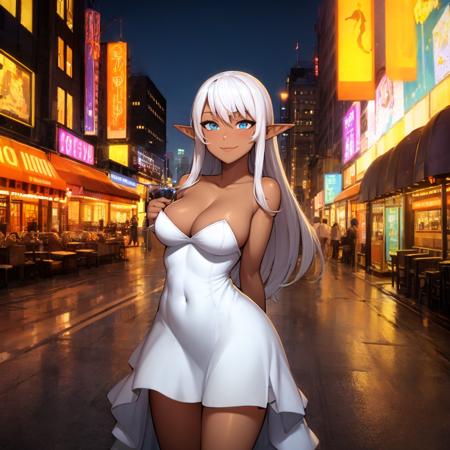 1girl, dark elf, pointy ears, expressive eyes, smile, (dark-skinned female, dark skin:1.2), (long hair), white hair, cocktail dress, strapless dress, small breasts, areola slip, large areolae, curvy  <lora:mrpotatoparty:1>
BREAK
city street at night, midnight, neon signs,