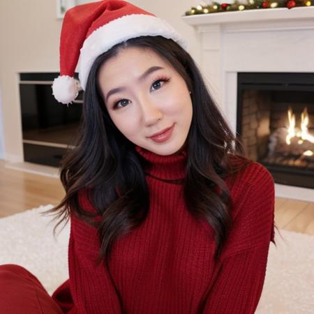 <lora:fuslie_sd15_512_128_64_v1:1> picture of fuslie long dark black hair, 1girl wearing red christmas santa hat,  wearing a turtleneck sweater, cozy fireplace in background, christmas decoration in background,