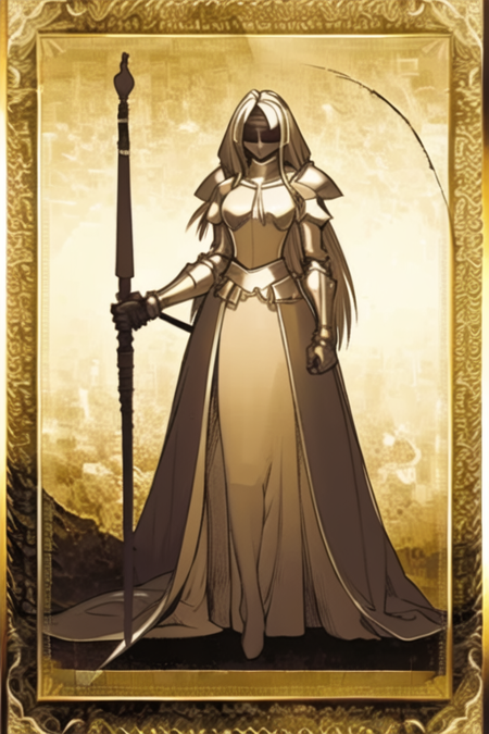 masterpiece, best quality, class card, 1girl, solo, monochrome, sepia, <lora:class_card_v3:0.8>. long hair, crown, dress, closed eyes, blindfold, holding sword, knight,