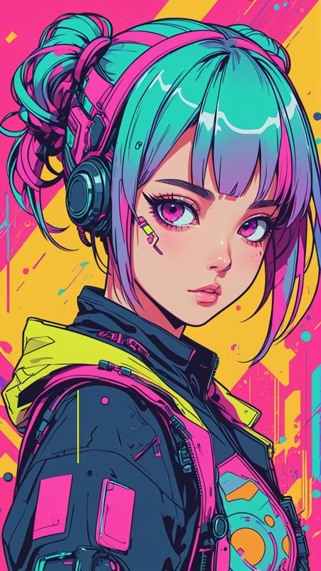 anime, an girl, kawaii, cyberpunk, colorful, ink paint line art, vector art, thick lines, glitch art, flat colors, key visual, vibrant, technical drawing, line art, minimalist, masterpiece,