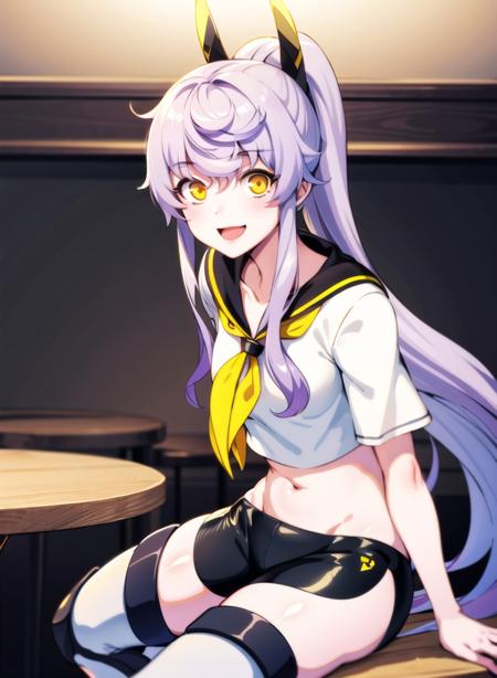 1girl,masterclass,best quality, illustration, PurifierDefault, indoors,sitting,table,black_gloves, black_shorts, crop_top, headgear, looking_at_viewer,  midriff,    ponytail,  sailor_collar, sailor_shirt,  short_sleeves,  smile,     yellow_neckerchief,  micro_shorts, black_sailor_collar,  <lora:purifier_D8_V2_e6:1>