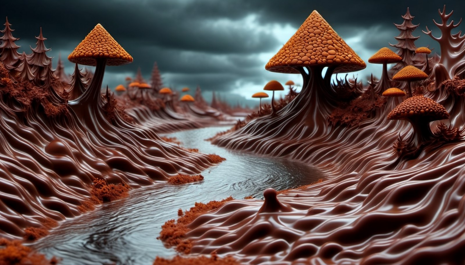 ChocolateRay, landscape of a Mystical The River Styx and Lichen, wearing warm made entirely of chocolate, Stormy weather, ...
