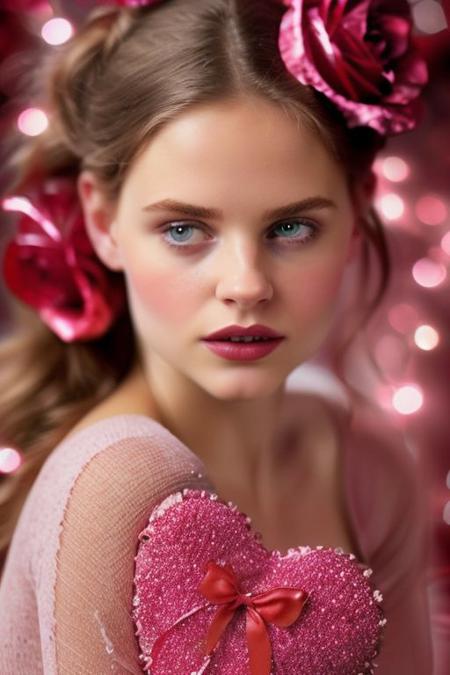 "RoseVeil: A mesmerizing concept where lush rose flowers envelop the surroundings, leaving only the enchanting face of the subject revealed. Each portrait is a testament to the delicate beauty of the rose, with its petals gracefully framing the captivating features of the model. This unique visual narrative blends the allure of nature with the timeless elegance of the human form, creating an exquisite portrayal of beauty. Shot with a Canon DSLR camera and an f/2.8 L series lens, the images feature a low ISO setting of 50 to minimize noise and a shutter speed of 1/30 to create intentional blurriness, adding a soft and dreamy quality to the images. The delicate balance of light and shadow accentuates the subject's features, while the roses add a romantic flair to each composition." love, valentine