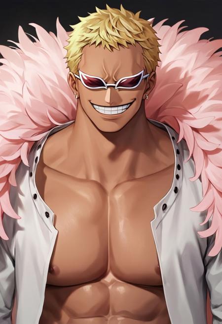 Doflamingo, Short hair, Blonde, Sunglasses, hidden eyes, no eyebrows, muscular, pectorals, big feather coat, open shirt, pants, loafers