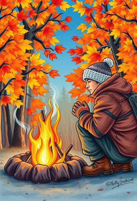 "Image of a serene campfire scene, surrounded by vibrant autumn trees with leaves in shades of orange, yellow, and red. A man dressed in warm winter survival gear, including a hat and gloves, is huddled next to the fire, warming his hands and face. The fire crackles and spits, casting a warm glow over the scene. The image is created with colored pencils, with bold lines and colorful shadings that bring the scene to life. The overall atmosphere is cozy and inviting, with a focus on capturing the warmth and comfort of the campfire on a chilly autumn evening. Style: whimsical, colorful, and inviting, with a focus on capturing the beauty of nature and the joy of simple pleasures." Highest-Quality, 4k