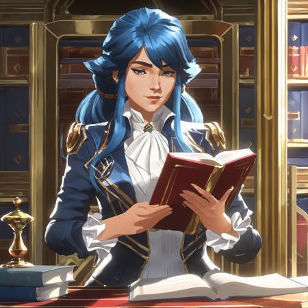 arcane style, 1girl, solo, long hair, bangs, letterboxed, book, closed mouth, blue eyes, ascot, holding, jacket, shiny hair, blue hair, upper body, looking at viewer, holding book, shiny, indoors, white ascot, brooch, asymmetrical bangs , ((masterpiece))