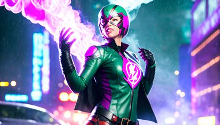 photo, smoke [Spiderman:Venom:(Green Lantern:1): ,0.5,0.65:bezier] scifi (superangers style:1) an attractive woman wearing a colorful mask and a leather jacket in the rain, lightning energy<lora:djzSuperRangersV1-lyco:0.8> (friendzone style:1) <lora:djzFriendzoneV21:0.3>