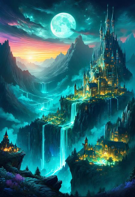 (by Ellen Jewett:1.5), (Bioluminescent Impressionism : 0.5),  mountain landscape , The Dreamland, A captivating night scene illustration featuring a bright and inviting futuristic utopian city on a great  great mountain. The great technologically advanced base and mountain are much like Neuschwanstein Castle in Bavaria. This enchanting artwork captures a dark but comforting night, where a brilliant moon hang sabove and over the  great valley  and advanced utopian city which  stands resolute amidst the great mountains, creating a cinematic experience., space_backround, illustration, cinematic
<lora:DonM3t3rn1tyXL-v1.1:0.7>, DonM3t3rn1tyXL,
OverallDetailXL  <lora:MJ52:0.3>  <lora:SDXLFaeTastic2400:0.4>  <lora:EpicF4nta5yXL:0.7>.  great beams of light shooting up into the sky,  sky sunset, sunrise ,waterfall, ethereal landscapes, depth of field, biotech emotion:1.3) <lora:xl_more_art-full_v1:0.5> <lora:add-detail-xl:1> <lora:RMSDXL_Creative:2>, vibrant