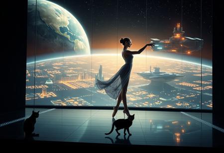 a beautiful elegant female dancer wearing ballet slippers and a futuristic chinese inspired dress is dancing on a futuristic stage micro-LED lighted, a black cat with a red collar watches from the edge of the stage, behind the dancer on the stage is an enormous seamless and futuristic wall to wall and floor to ceiling window that looks out at a planet from low orbit, the planet is covered with the lights of enormous buildings and cities, An enormous deco starship with futuristic lighting and an enormous space station are visible in the background among the stars, Artistic art deco, dynamic perspective, (((overall architectural aesthetic is Art Deco Cyberpunk))).  Epic image that elicits a feeling of wonder and awe,