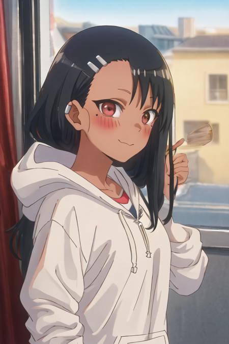 best quality, masterpiece, highres, solo, {nagatoro_hayase_donttoywithmemissnagatoro:1.15}, black_hair, long_hair, dark-skinned_female, dark_skin, brown_eyes, hairclip, hair_ornament, blush, bangs, smile, 1girl, looking_at_viewer, mole, mole_under_eye, portrait, red_eyes, anime_coloring, hood, hoodie, parody