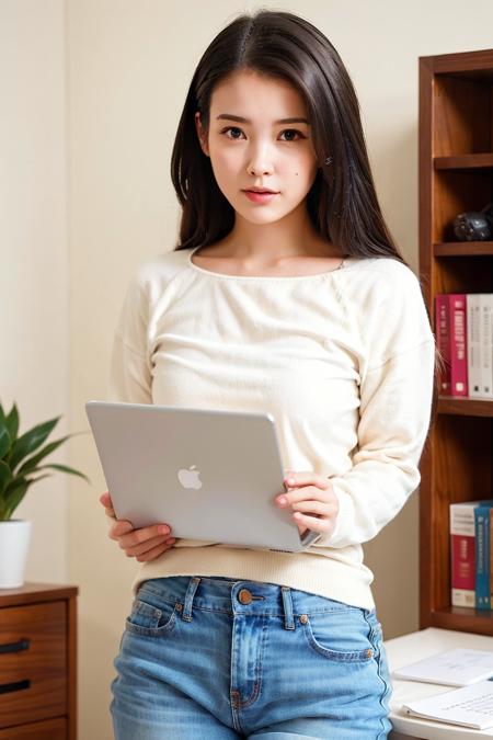 in a comfortable sweater and jeans, working on a laptop in a cozy home office with a bookshelf and a potted plant in the background


nikon RAW photo,8 k,Fujifilm XT3,masterpiece, best quality, 1girl,solo,realistic, photorealistic,ultra detailed,depth of view,
iu1, <lora:iu_v3:.8>