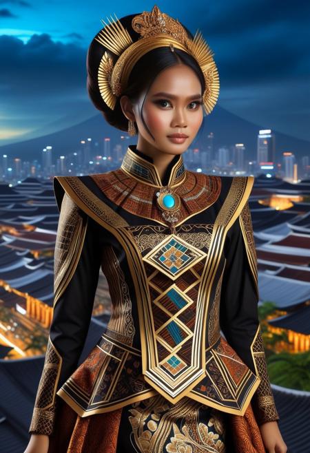 (High quality), (masterpiece), (detailed), 8K, A captivating portrait of a young Indonesian woman, her features rendered with exquisite hyper-realism. She wears a fusion of traditional and futuristic attire, blending intricate batik patterns with sleek, modern fabrics. The background hints at a bustling cityscape, blending ancient architecture with futuristic elements, creating a unique blend of old and new.