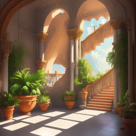 a large room with a staircase and some potted plants, a detailed matte painting, cgsociety, rococo, morning sunlight, screenshot from the anime film, disney-style, beautiful symmetric, photo of a painting, screenshot from an fps, anime screenshot, unknown artstyle, beautiful artist rendering, or perhaps a fairy tale