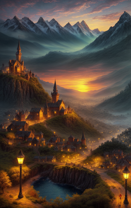 fantasy town in front of mountains, Landscape, one picture,
(masterpiece:1.9), best quality, hyperdetailed, (highest detailed:1.9), high resolution textures, dark castle near town, sunset, creepy,
glowing lamp posts,
perfectly lighted, (contrast), (saturated),
<lora:Concept Art Twilight Style SDXL_LoRA_Pony Diffusion V6 XL:0.8> <lora:Expressive_H:0.8>, expressiveH <lora:officialpit_style_v11:0.5>
<lora:glowneon_xl_v1:1>