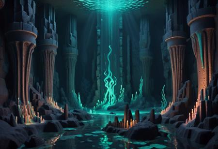 (fine texture, masterpiece, ultra-detailed, intricate, very awa, best quality, very aesthetic, absurdres, newest, volumetric lighting, scenery), voronoi, basalt columns, pixelized, voxels, 
BREAK
underwater tattoo parlor, a squid inks glowing tattoos onto mermaids. Needles extrude basalt-column pigment; voxelized afterimages linger in brine. Micro-patterns pulse with bioluminescence.