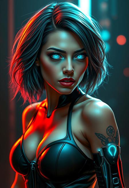 Prompt: A seductive, alluring 30-year-old cyberpunk seductress, her eyes captivating with a mesmerizing glow, enhanced by advanced ocular implants. Her hair, a cascade of bioluminescent strands, frames her face, styled in a futuristic, asymmetrical bob. Her skin, flawless and radiant, is adorned with subtle bioluminescent tattoos, accentuating her curves. A cybernetic arm, sleek and elegant, is a testament to both her power and beauty. Clad in a skin-tight, body-hugging suit, she exudes an air of confidence and danger, a true femme fatale of the future.