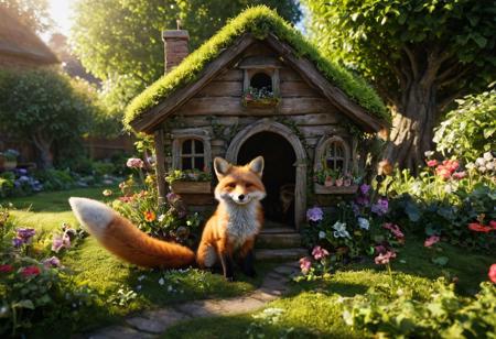 amazing quality, masterpiece, best quality, hyper detailed, ultra detailed, UHD, perfect anatomy,  awesome, inspiring, realistic, high quality, 4K, absurd resolution, incredibly detailed, masterpiece, sharp, cute fox house garden, cute, happy, extremely detailed, no humans, sunlight, realistic, high quality, detailed, shadows, glowing, bright colors, high contrast, vivd lighting, cinematic composition, soft shadows,