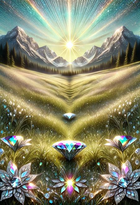 aesthetic, masterpiece, absurdres, realistic, (raw photo:1.3), intricate detail, high detail, symmetrical, scenery, meadow, sunlight, glitter, iridescent, diamondMW, no human,