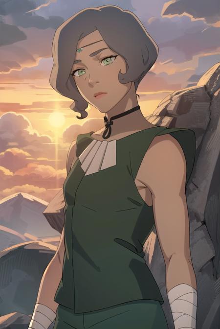 avatarsuyin, <lora:avatar suyin-lora-nochekaiser:1>,
suyin, short hair, grey hair, (green eyes:1.3), dark skin, dark-skinned female,
BREAK sleeveless, pants, bandages, green pants, wrist wrap, ankle wrap,
BREAK outdoors, forest, nature, grass, trees, sun, sky, clouds,
BREAK looking at viewer, (cowboy shot:1.5),
BREAK <lyco:GoodHands-beta2:1>, (masterpiece:1.2), best quality, high resolution, unity 8k wallpaper, (illustration:0.8), (beautiful detailed eyes:1.6), extremely detailed face, perfect lighting, extremely detailed CG, (perfect hands, perfect anatomy),