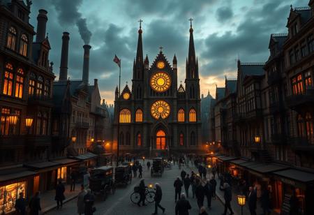 A bustling European city inspired by Victorian-era industrial architecture. Intricate ironwork, soot-covered stone facades, and towering chimneys spew smoke over the busy cobblestone streets filled with mechanized carriages and bustling crowds. At the city's heart stands a grand fantasy cathedral without a cross dedicated to the God of the Eternal Blazing Sun. Its radiant golden spires rise toward the sky, while stained glass windows depict celestial scenes, casting divine light across the square.
The cathedral’s gothic arches and sun symbols glow with an ethereal energy. The central sun disk hovers, radiating warm light, a stark contrast to the surrounding dark, soot-covered buildings. The city’s gas lamps flicker against the rough stone, while the cathedral glows with divine radiance. The mix of industrial grit and divine beauty creates a striking atmosphere as the city comes alive beneath the dramatic evening sky.
As dusk falls, the celestial aura intensifies, casting long shadows, while distant bells chime, summoning worshippers toward the golden-lit pathways of the cathedral. Ultra-realistic, 32k, Masterpiece, High Quality, with High Detailed Skin and Realistic Lighting, capturing the beautiful, intricate background in stunning detail. Official art, emphasizing epic, detailed realism.
(Ultra Realistic:1.0), 32k, (Masterpiece:1.0), (High Detailed Skin:1.0), (High Quality:1.0), (Detailed Realistic Background:1.3), (Official Art, Beautiful:1.2), (Realistic Lighting:1.0).