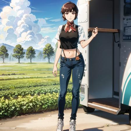 (food truck, gorgeous view)
(full body shot), sfw,  (masterpiece), (best quality:1.0), (ultra highres:1.0), detailed eyes, detailed clothing texture, beautiful face, 1girl, solo, Isabeau posing
(green crop top), suspenders, brownish red eyes, midriff, red kerchief
bleach style
<lora:Isabeau_SMT4:0.4> , <lora:bleach style:0.7>