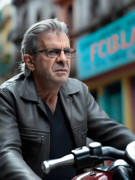 a man (Melench123), glasses, grey hair, sitting on a motorcycle on a wet city street with a sign in the background that says "CUBA", dystopic, detailed background, post-apocalyptic city, darkness, perfect detailed face, detailed eyes, RAW photo, photorealistic, masterpiece, highly detailed, intricate, vibrant colors, ultra hd, 8k uhd, high quality, masterpiece, awardwinning, dramatic lighting, centered, sharp focus, film grain, 8k uhd, dslr, f4, Fujifilm XT3