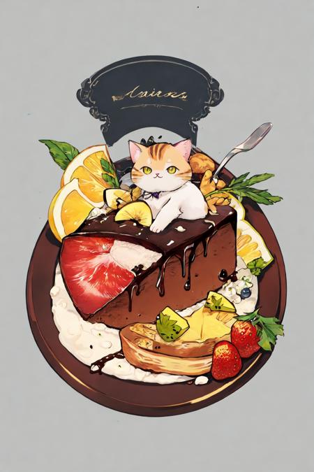 no humans, food, signature, simple background, food focus, animal focus, cat, fruit, animal, :3, white background, looking at viewer, artist name, solo, sitting